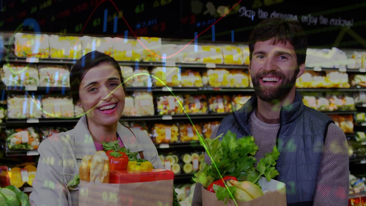 Woman speaking, man laughing while holding paper bags shopping finance charts overlaying lines,bars