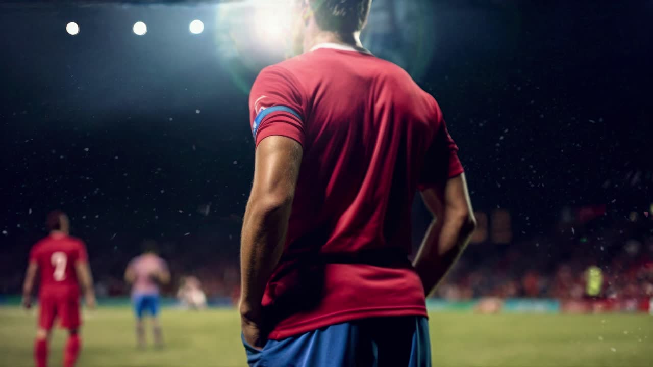 Dynamic low-angle shot of a soccer player in a stadium, capturing the ...