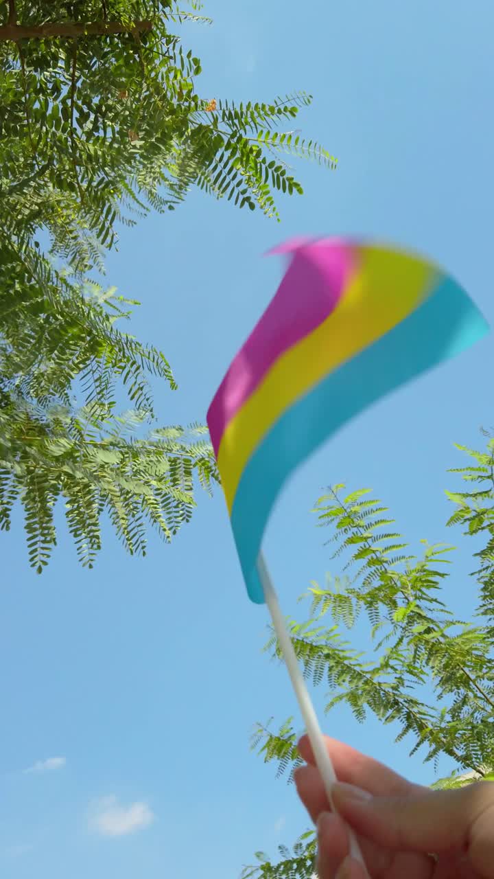 Vibrant Pansexual Pride Flag Held in Urban Park