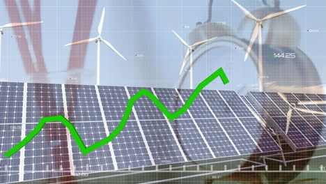 animation of graph and numbers on alarm clock over solar panels and windmills against cloudy sky