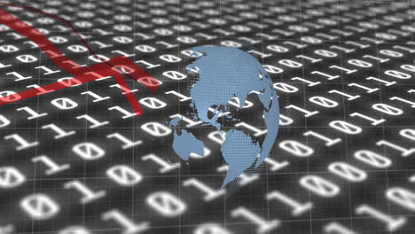 animation of financial data processing with red lines and globe spinning over binary coding