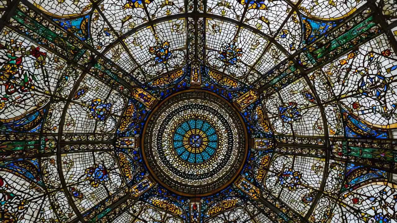 Zooming out from medallion, glass dome revealing metal ribs, floral mosaic segments in cathedral