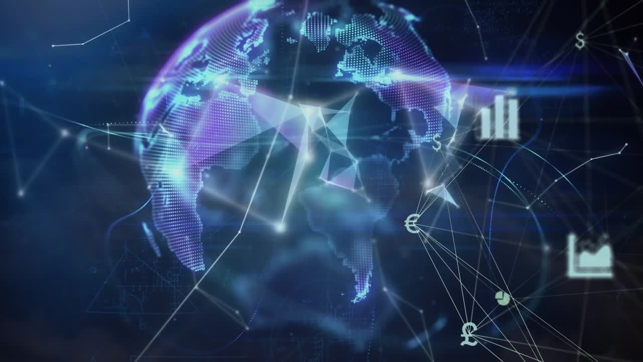 Animation of globe of digital icons and globe of plexus networks spinning against blue background