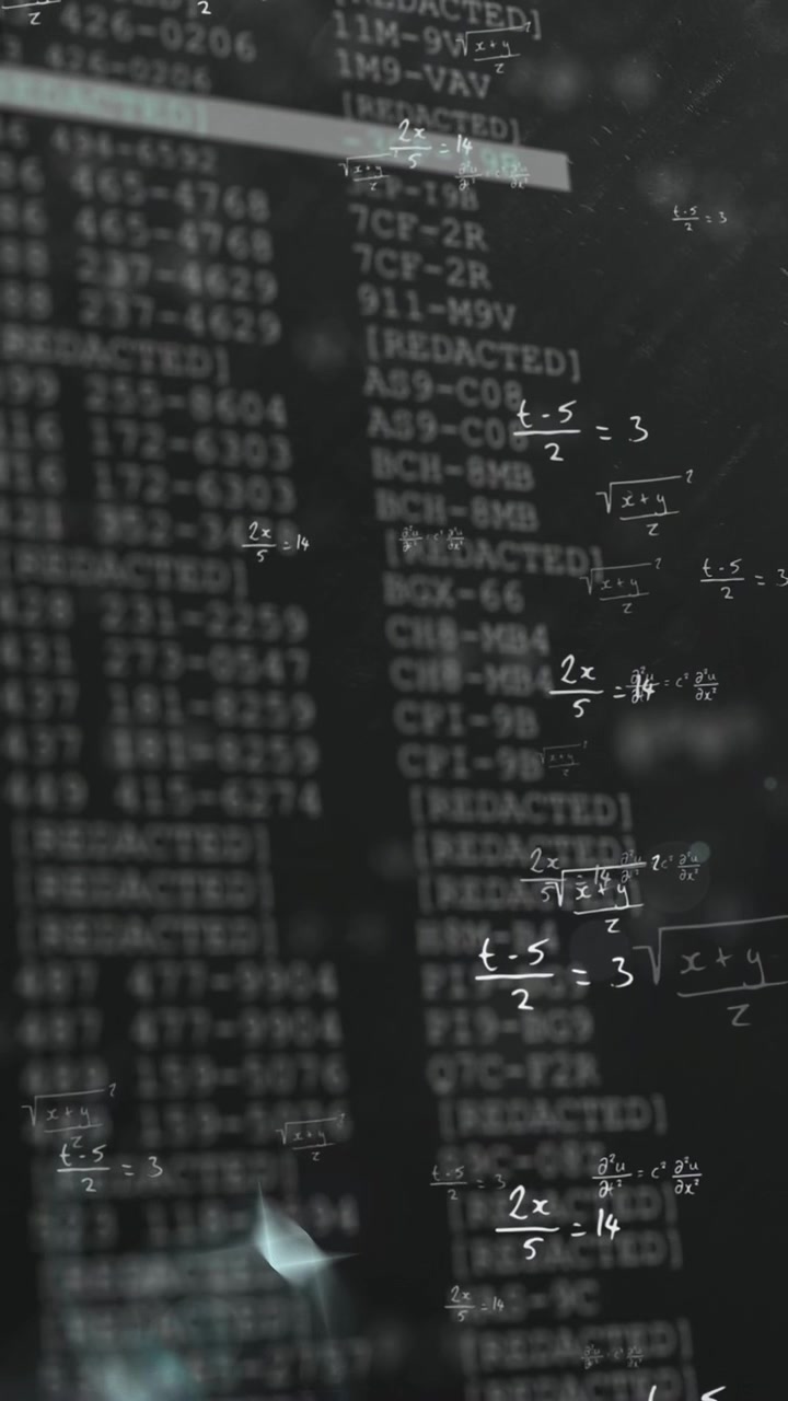 Video verticale: Formule scritte a mano che fluttuano e si spostano mentre una barra evidenziatrice attiva la rivelazione del codice.