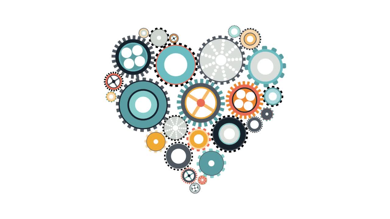 engranajes que giran dentro de un corazón. el concepto de la máquina perfecta. animación 2d. imágenes de bucle 4k