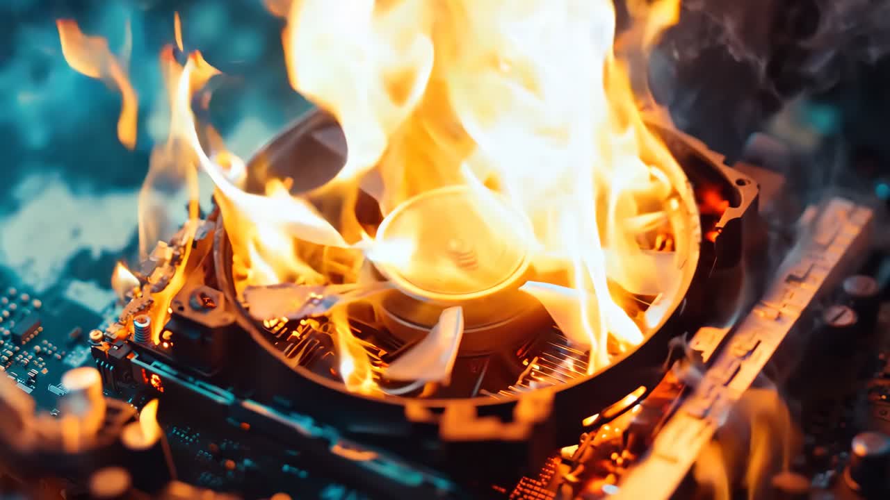 파란색 배경으로 불타는 컴퓨터 마더보드