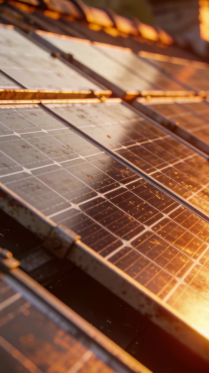 Video verticale: Cattura il sole basso, pannello solare inclinato e ringhiere sul tetto, che rivelano ruggine e polvere