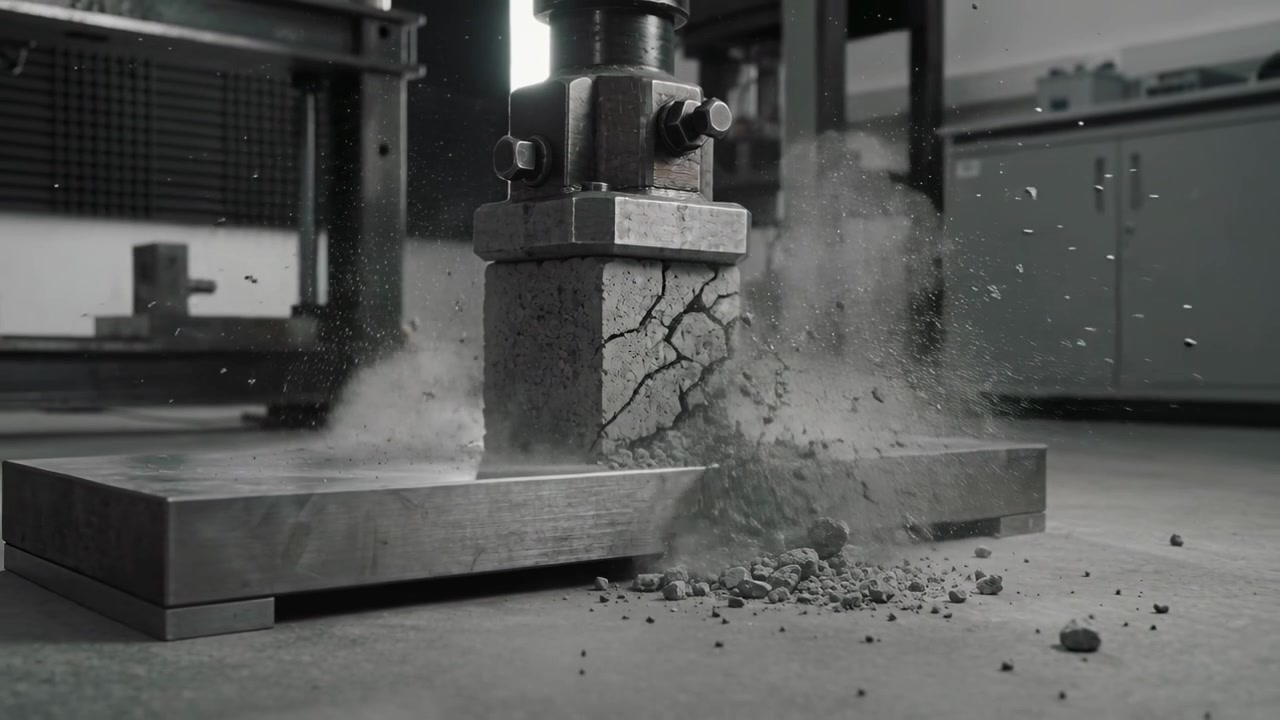 Piastra di pressa idraulica che si abbassa comprimendo un cubo di cemento su una piastra di base metallica in laboratorio.