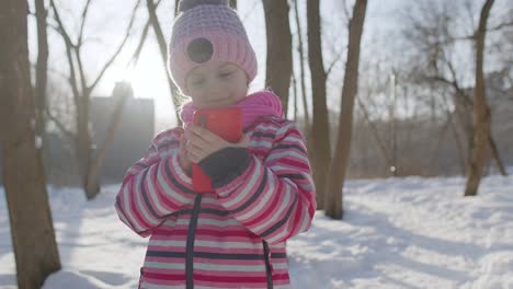 Child-girl-chatting-with-friends-and-family-on-mobile-phone,-distance-communication-in-winter-park