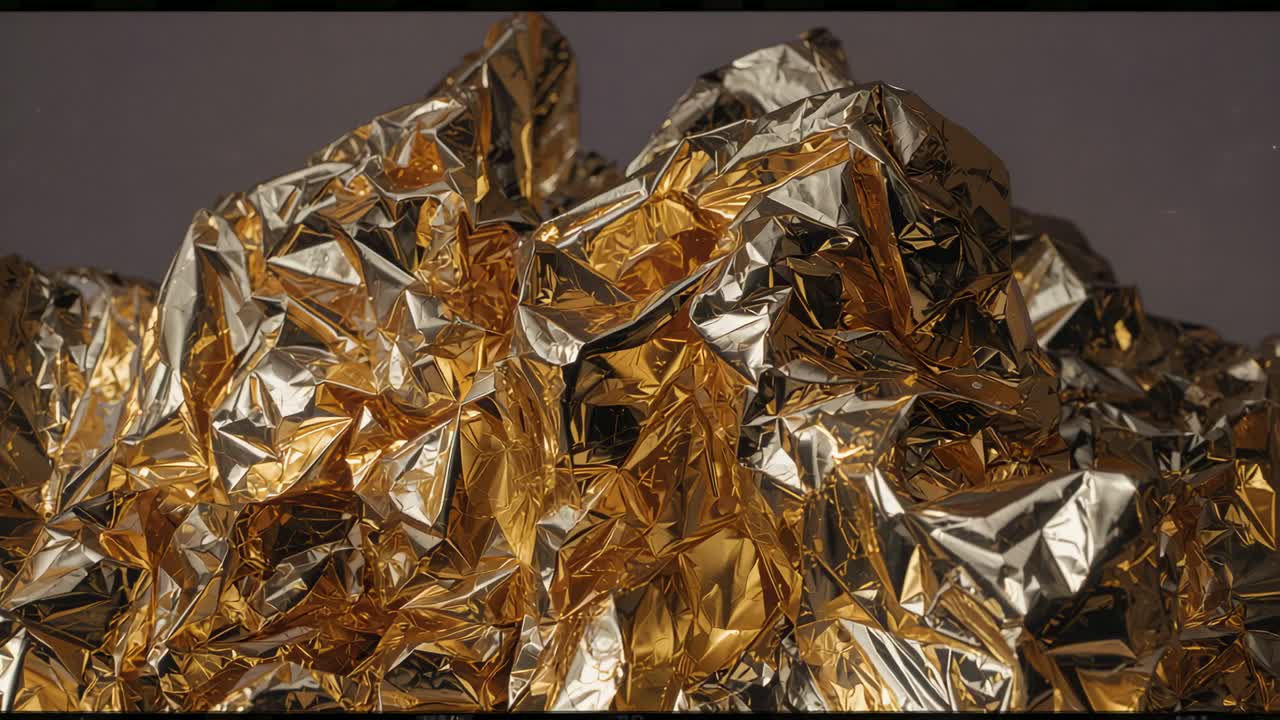 Zerknitterte Goldfolie, die unter wechselnder Studiobeleuchtung schimmert und flackernde Glanzlichter streut