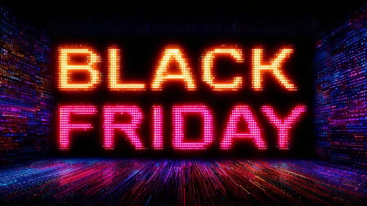 A vibrant and dynamic representation of Black Friday captured in two frames, showcasing bright neon colors and digital effects to emphasize the excitement and urgency of the shopping event
