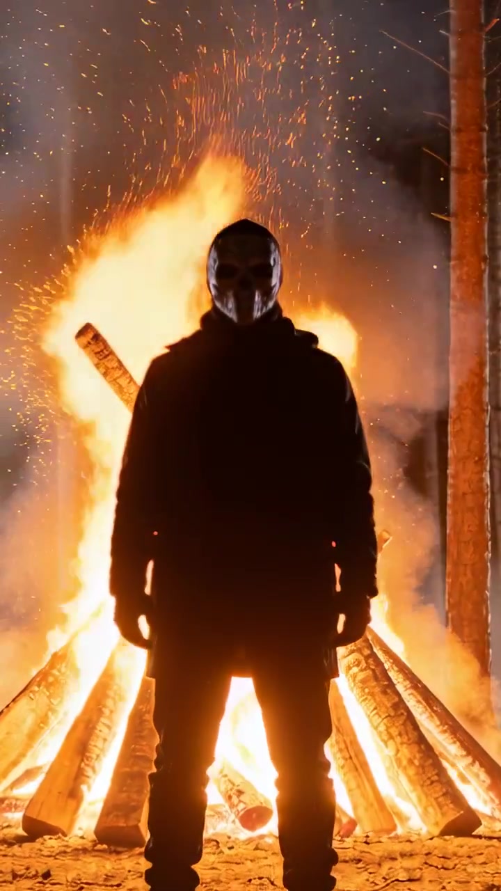 Vertikales Video: Stehende, vermummte und maskierte Gestalt nachts im Wald, Lagerfeuer lodert und sendet Funken.
