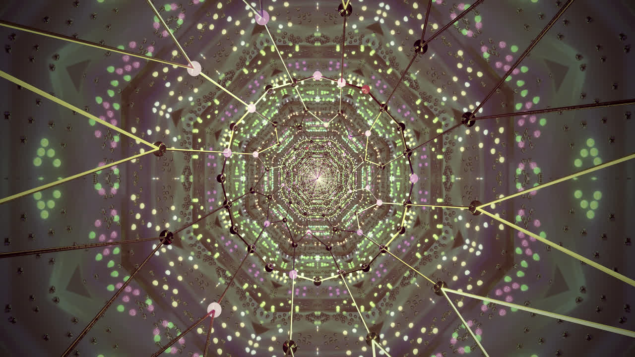 Colorful patterns and shapes continuously transition in an abstract display, creating an engaging atmosphere. The motion is fluid and captivating, drawing the viewer into a dynamic experience