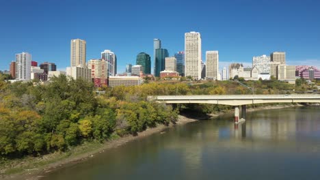 Aerial-drone-view-of-the-North-Saskatchewan-River-and-downtown-Edmonton-during-autumn-fall-as-seen-from-the-Rossdale-area