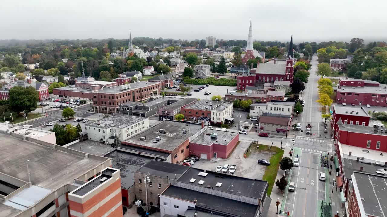 aerial push in to downtown Rutland Vermont