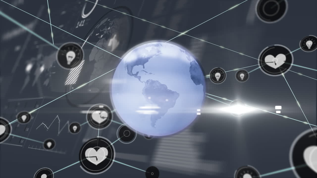 Animation of network of connections with icons and globe over laptop