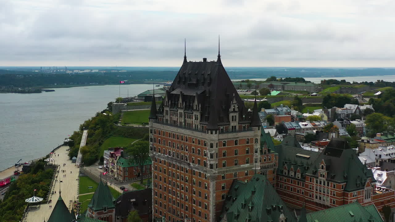 Aerial view away from the Chateau Frontenac luxury hotel in cloudy Quebec city