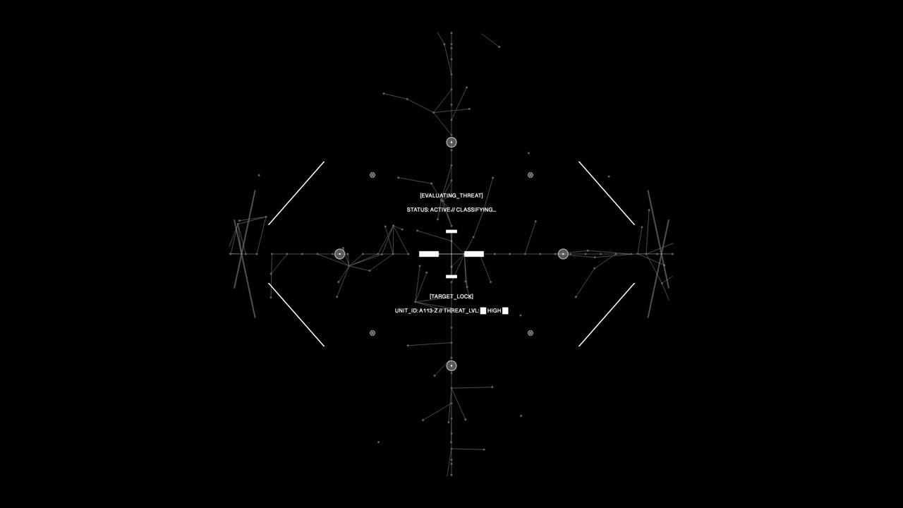 Sophisticated UI element showcasing a neural network web expanding behind a digital targeting lock. Perfect for depicting artificial intelligence, machine learning, or cyber warfare.