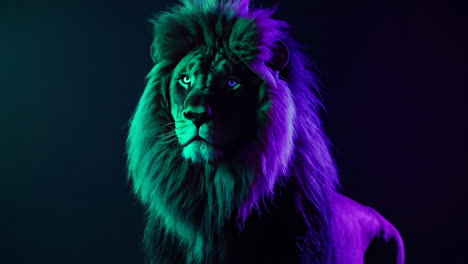 neon lion portrait with glowing eyes