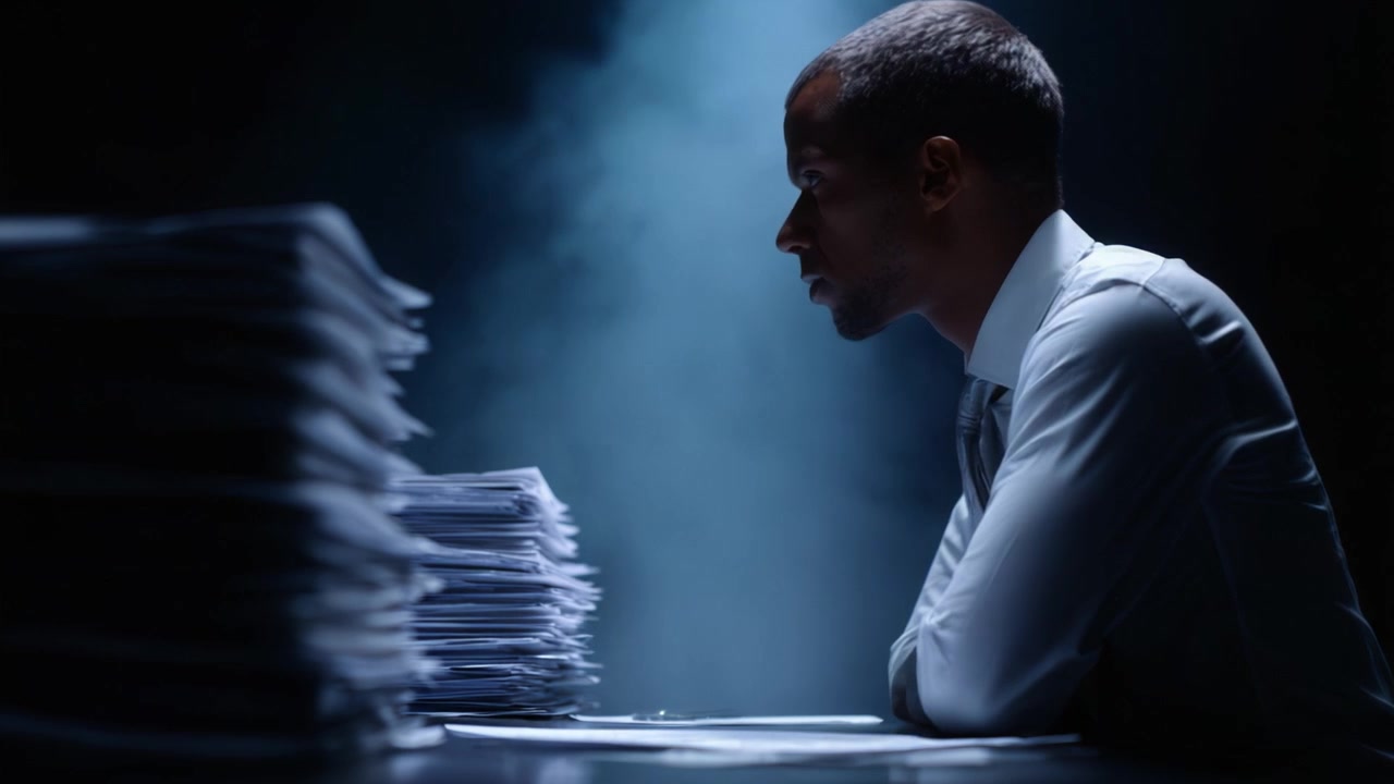 A contemplative individual immersed in thought amidst a mountain of paperwork, shrouded in dramatic lighting and a cloud of mystery, reflecting intense focus and determination.