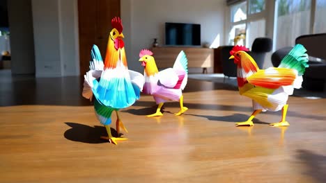 colorful paper chickens decorated in modern living room