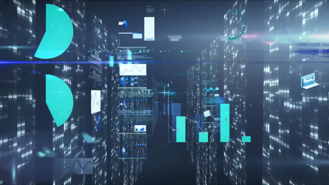 Animation of data processing over multiple screens with mosaic squares against blue background