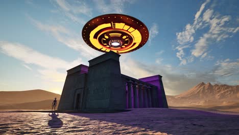 a ufo casting colorful lights, hovering above ancient egyptian temple ruins in the desert on sunset, with an alien standing idle and looking, 3d animation, animated scenery, camera zoom in slowly