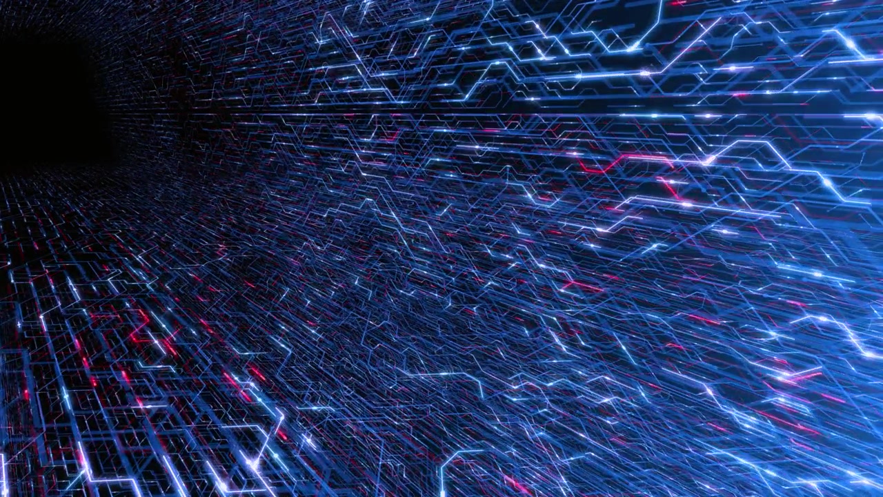 Abstract Digital Data Flowing Through a Futuristic Circuit Board Tunnel