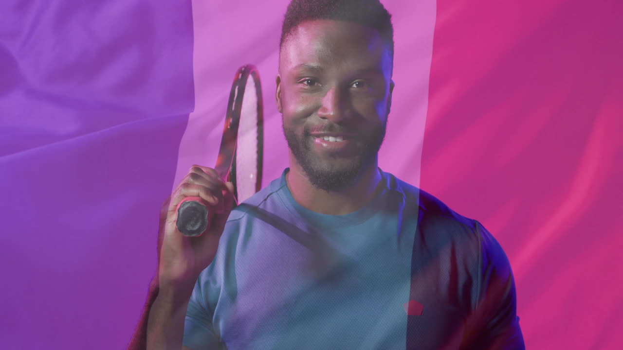 Animation of flag of france over african american male tennis player