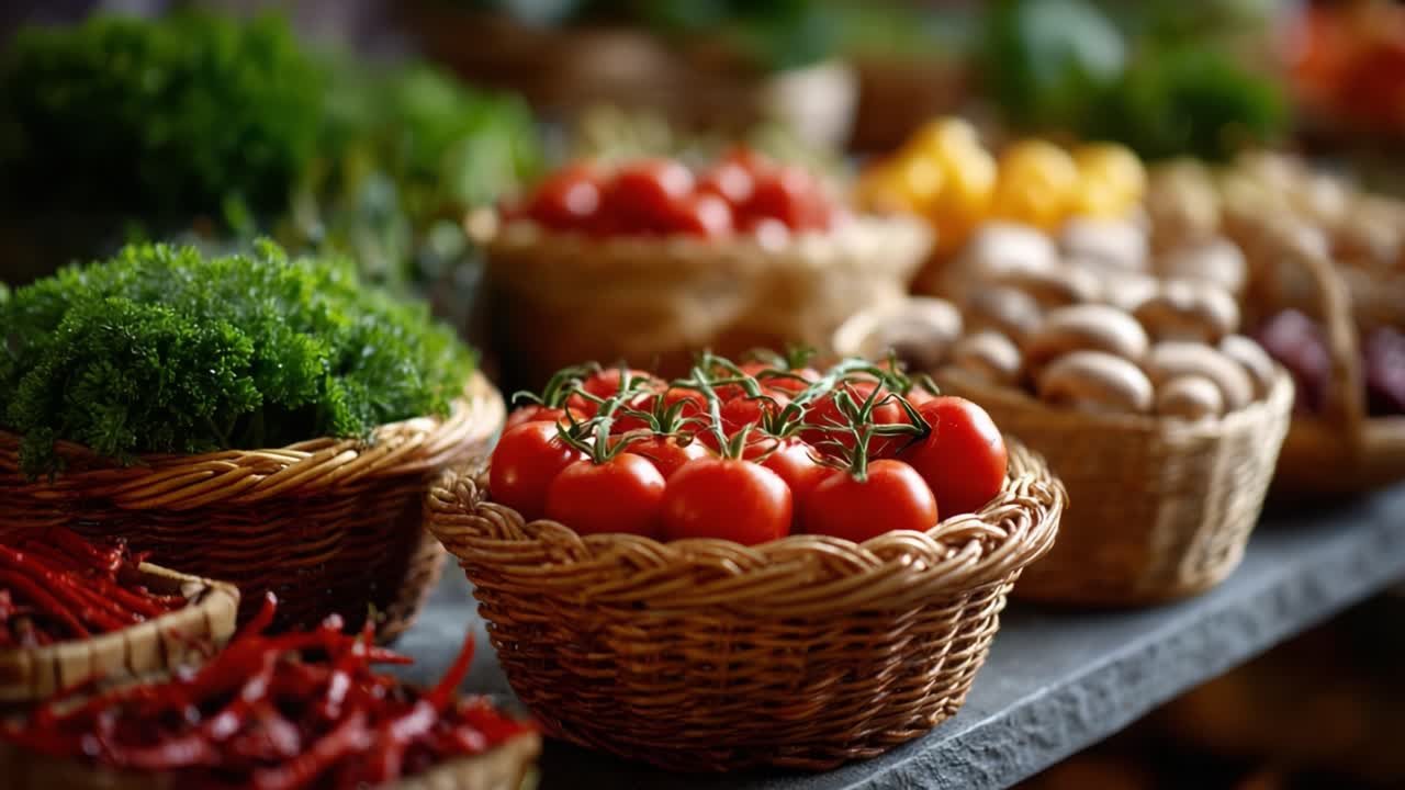 A Beautiful Display of Fresh Produce: Colorful Baskets of Tomatoes, Herbs, and Vegetables Showcasing Nature’s Bounty in an Outdoor Market Setting