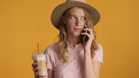 caucasian woman having phone call during summer holidays.