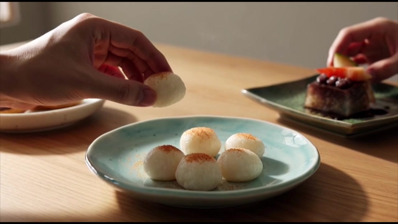 Person Picking Up Steaming Japanese Mochi from a Plate