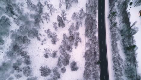 Birds-eye-shot-of-road-leading-through-winter-landscaped