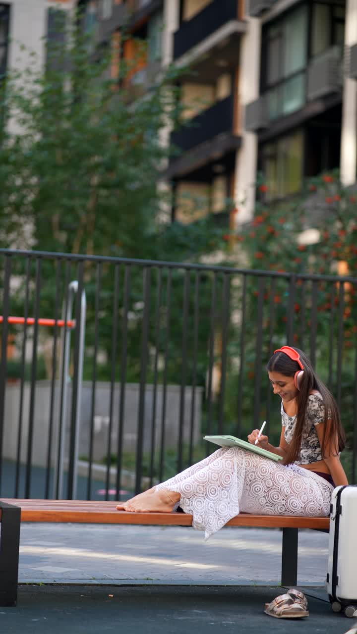 mujer joven estudiando al aire libre