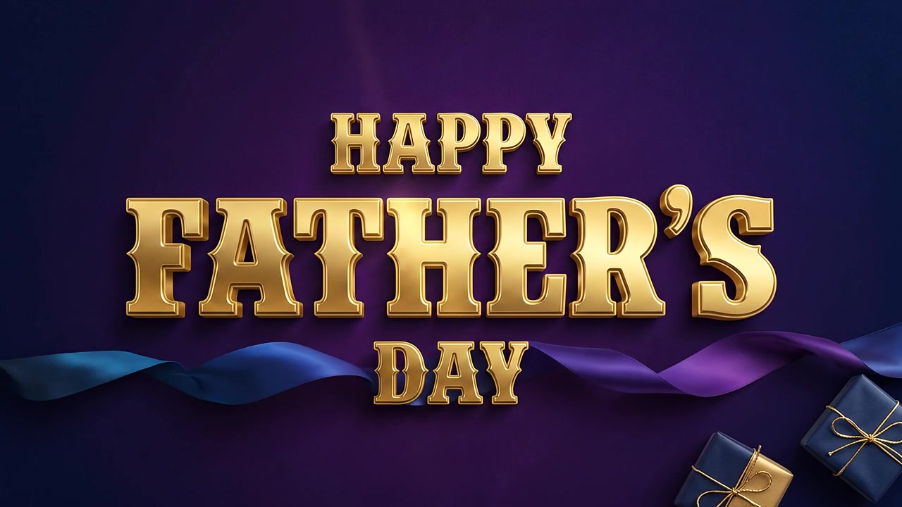 Glædelig Fars Dag festlig banneranimation med guldfarvet typografi, ur og fyldepen på lilla baggrund