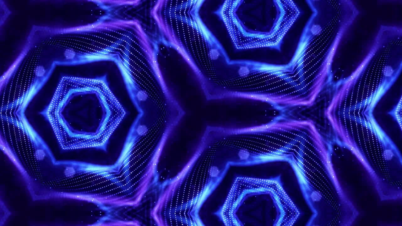tema abstracto caleidoscópico. fondo 3d de ciencia ficción en bucle de 4k con partículas azules brillantes forman líneas, superficies, patrones estructuras simétricas complejas