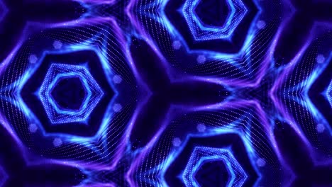 tema abstracto caleidoscópico. fondo 3d de ciencia ficción en bucle de 4k con partículas azules brillantes forman líneas, superficies, patrones estructuras simétricas complejas