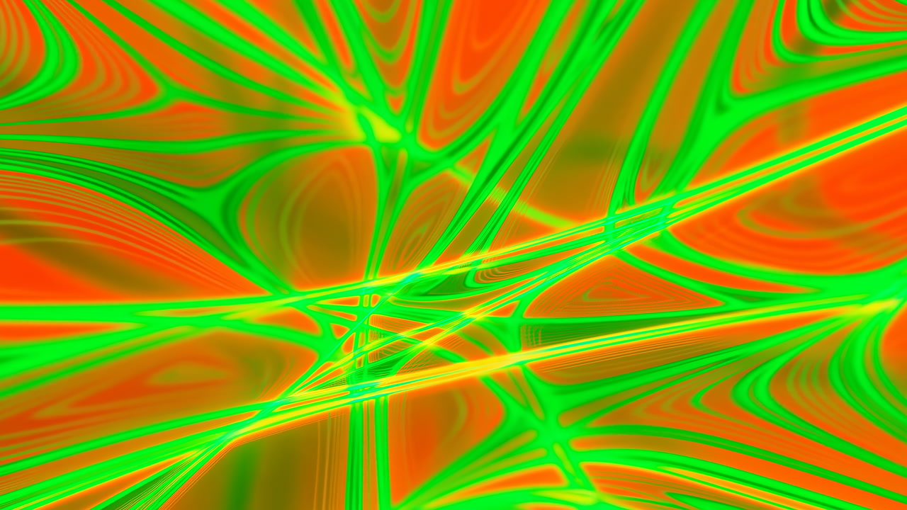 Vibrant Green Orange Liquid Strands Undulate Across Glossy Surface Creating Organic Marbled Textures, Intense