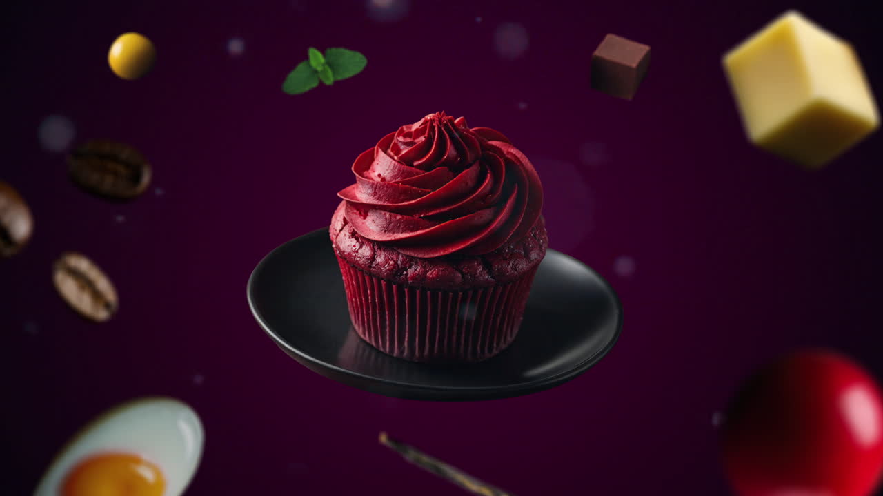 Red velvet cupcake Animation intro for advertising or marketing on dark purple backgroun for restaurants with the ingredients of the dessert flying in the air - add price or sale