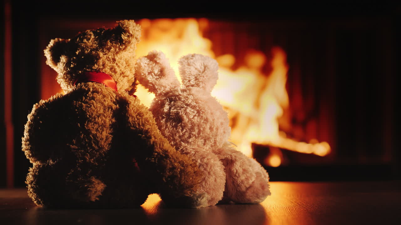 두 친구 토끼와 곰이 벽난로 근처에서 껴안고 있습니다 - 집에서 우정과 편안함