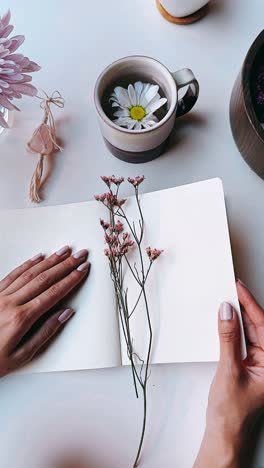 manos de mujer sosteniendo un cuaderno abierto con flores y taza de té