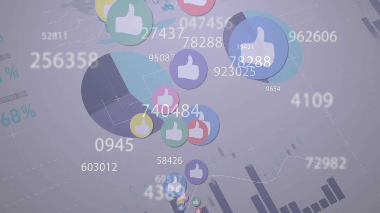 animación de múltiples números cambiantes y iconos similares contra el procesamiento de datos estadísticos.