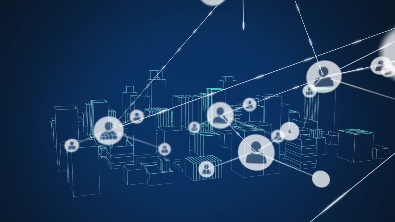Animation of network of connections with icons over 3d city model