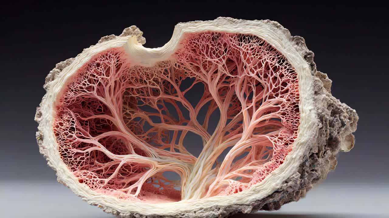 A Close-Up View of Intricately Designed Natural Material Exposing an Intricate Inner Structure with Delicate Branching Patterns Resembling Organic Forms of Life