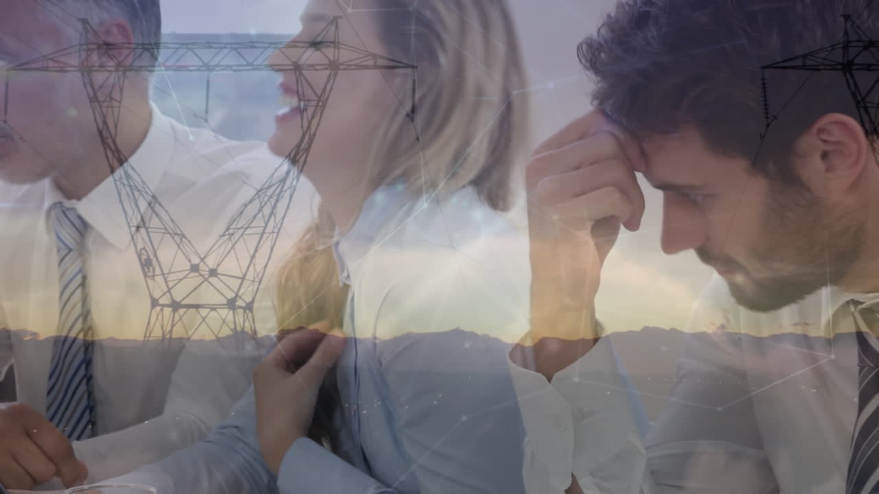 анимация пейзажа и сетей над деловыми людьми в офисе