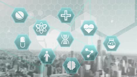 multiple digital medical icons floating over hexagonal shapes against cityscape in background