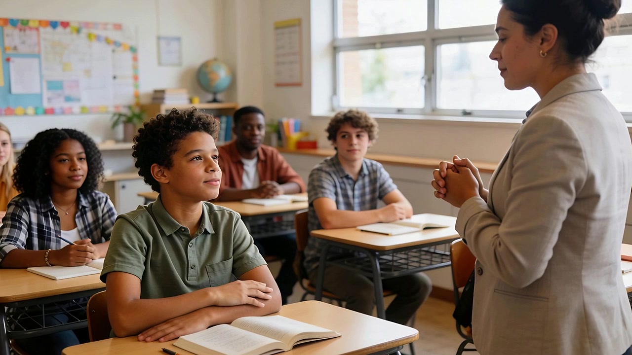 Raising hand green polo student responding to teacher clapping at classroom desk speaking with book