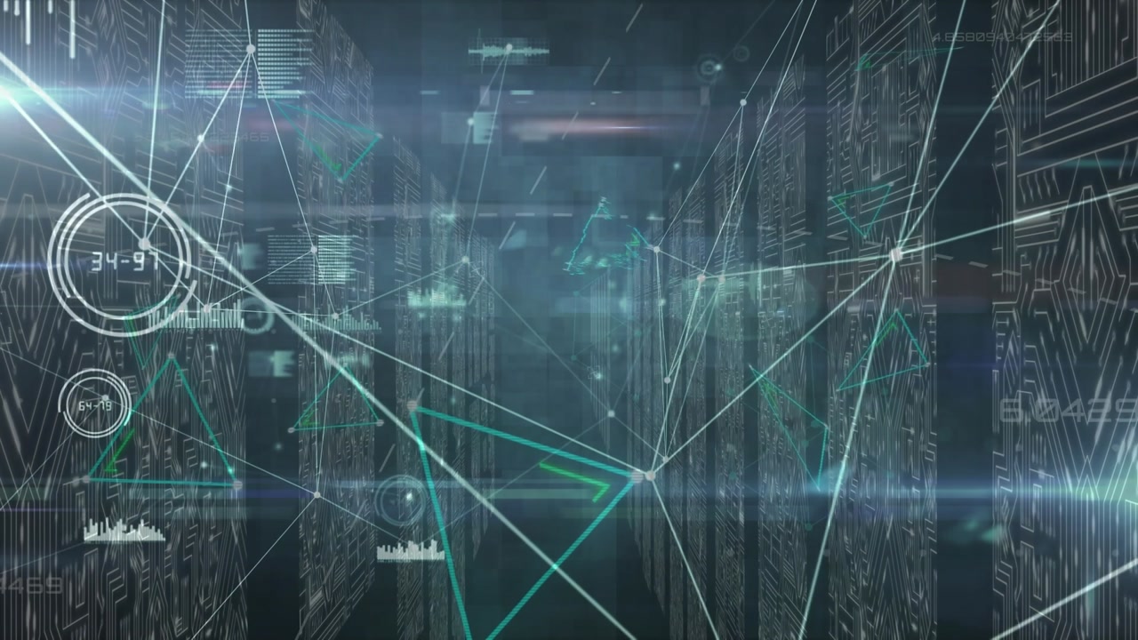 Animation of network of connections and data processing over server room