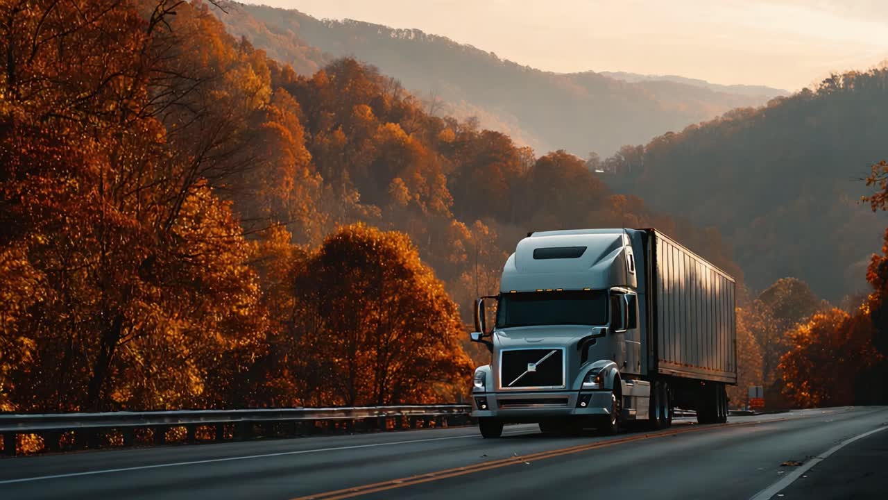 A Powerful Truck Traverses Scenic Autumn Road Amidst Vibrant Mountains, Showcasing Nature's Beauty in Harmonious Journey and Transport Efficiency