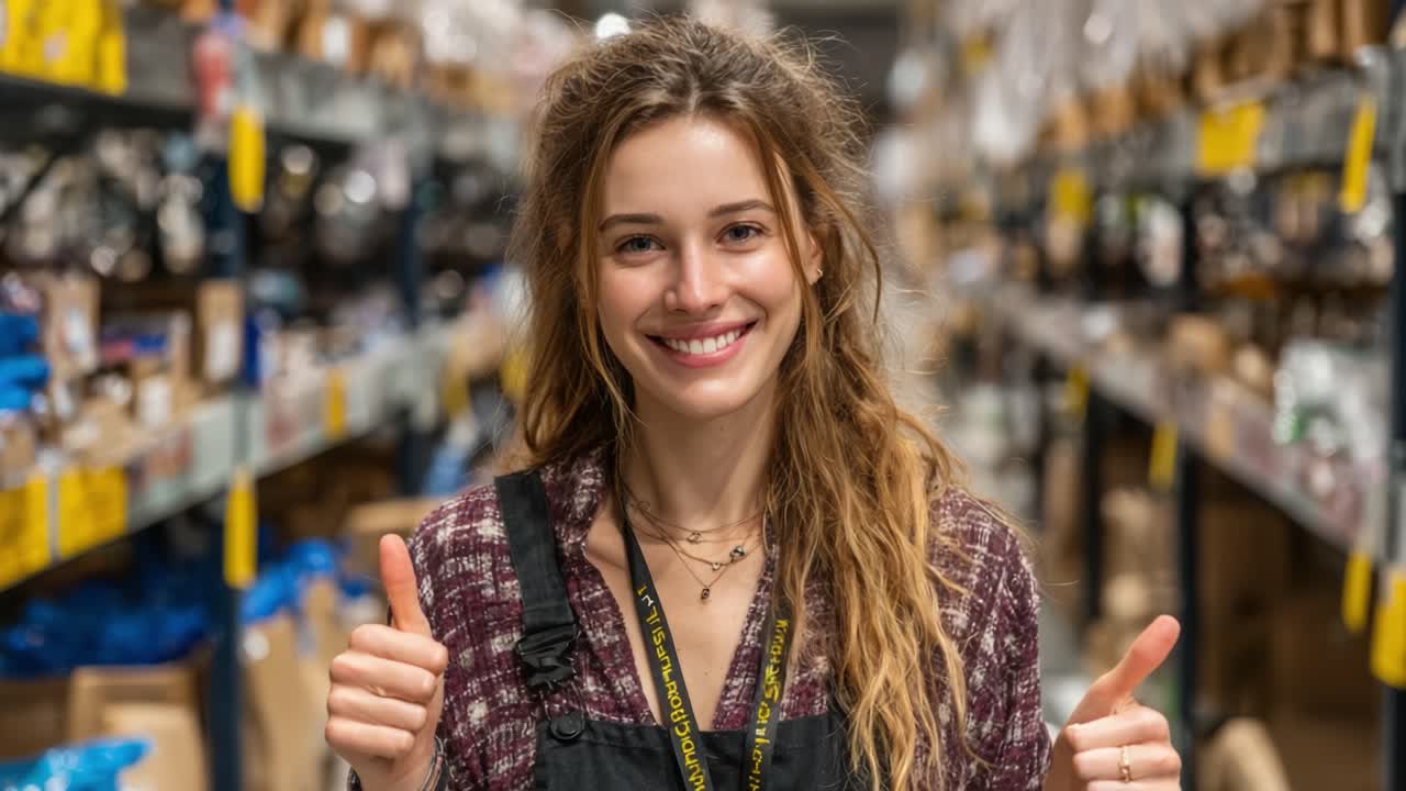 Cheerful Employee Shows Enthusiasm with Thumbs Up in a Busy Warehouse Setting, Reflecting a Positive and Motivating Work Environment
